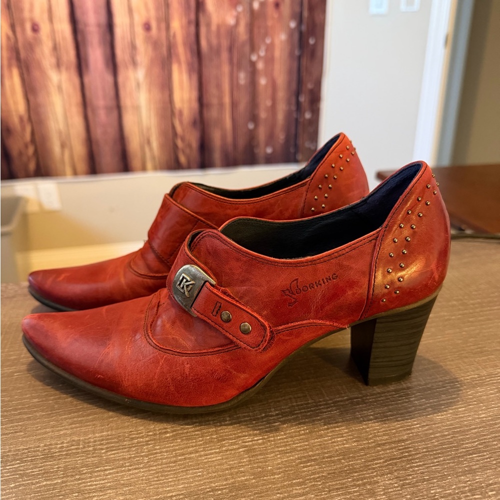 DORKING by Fluchos Red Leather Heeled Shoes with Studded Detail